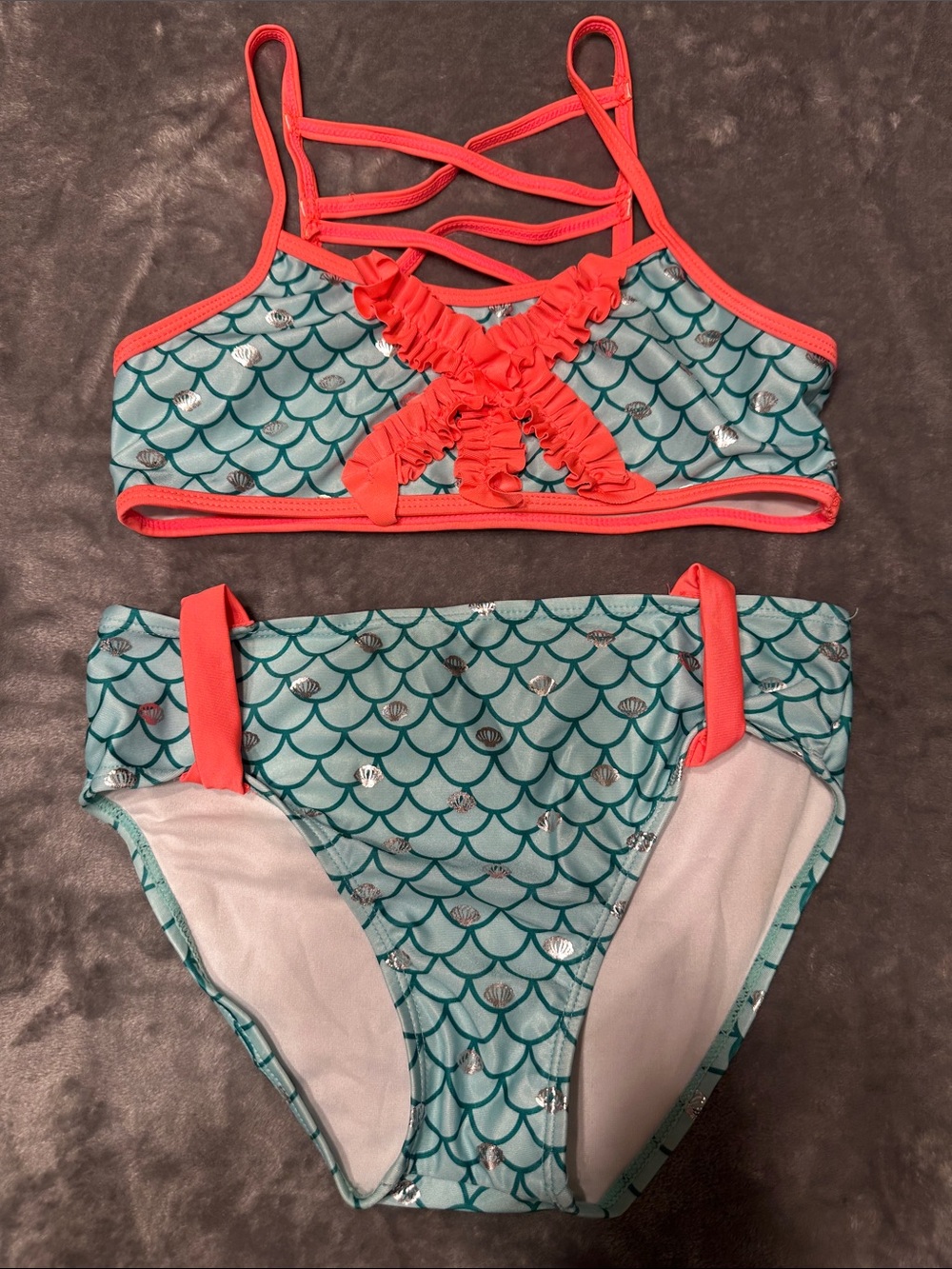 EUC Jantzen Girl's Teal Mermaid Scale Bikini with Coral Trim Sz 14
